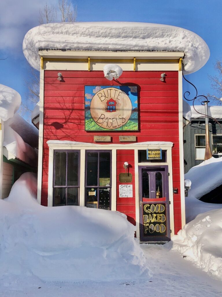 Butte Bagels snow covered historical building in Crested Butte