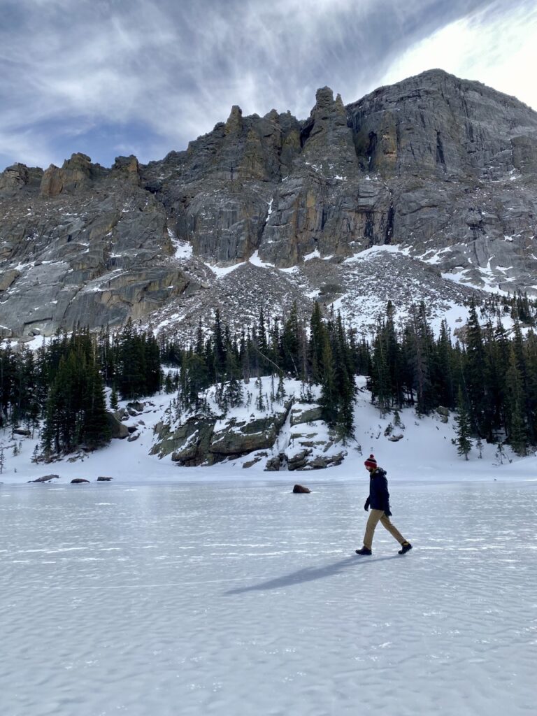 Walking across frozen Loch Lake 