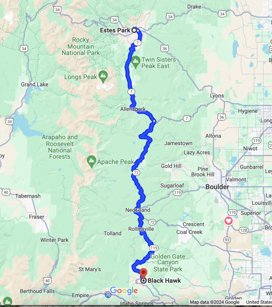 map of black hawk to estes park