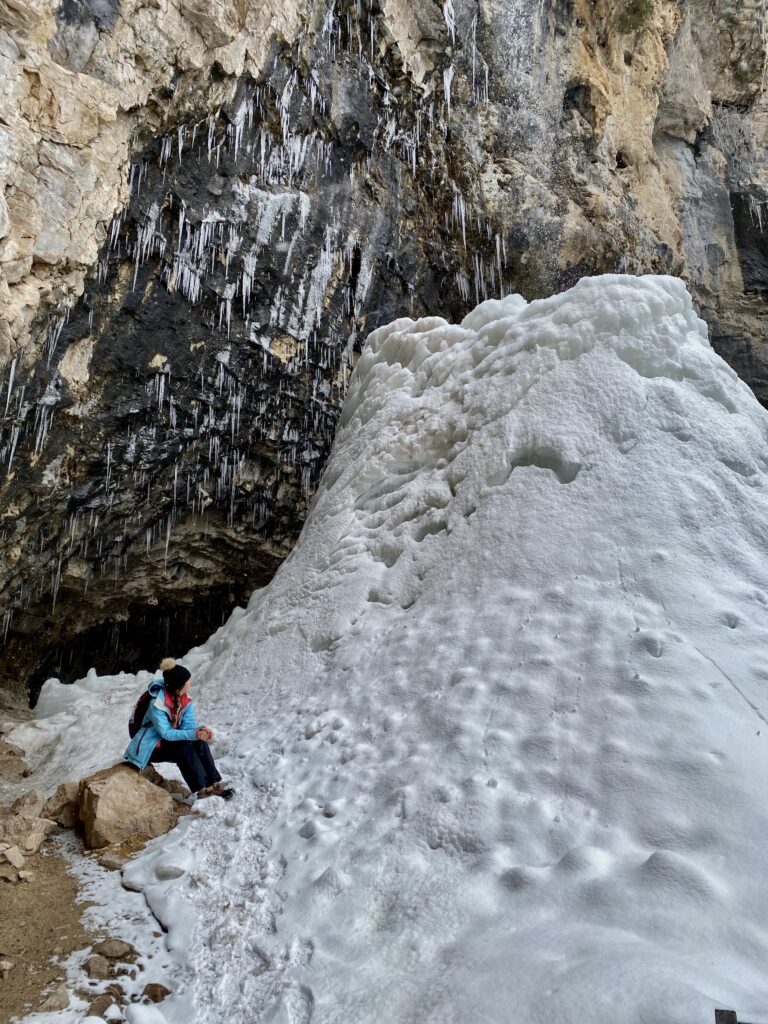 Frozen Waterfall with icicles and caroline for scale 