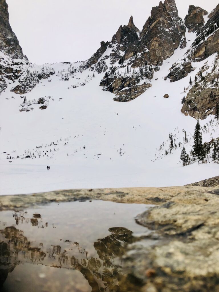 snowy day reflections at emerald lake