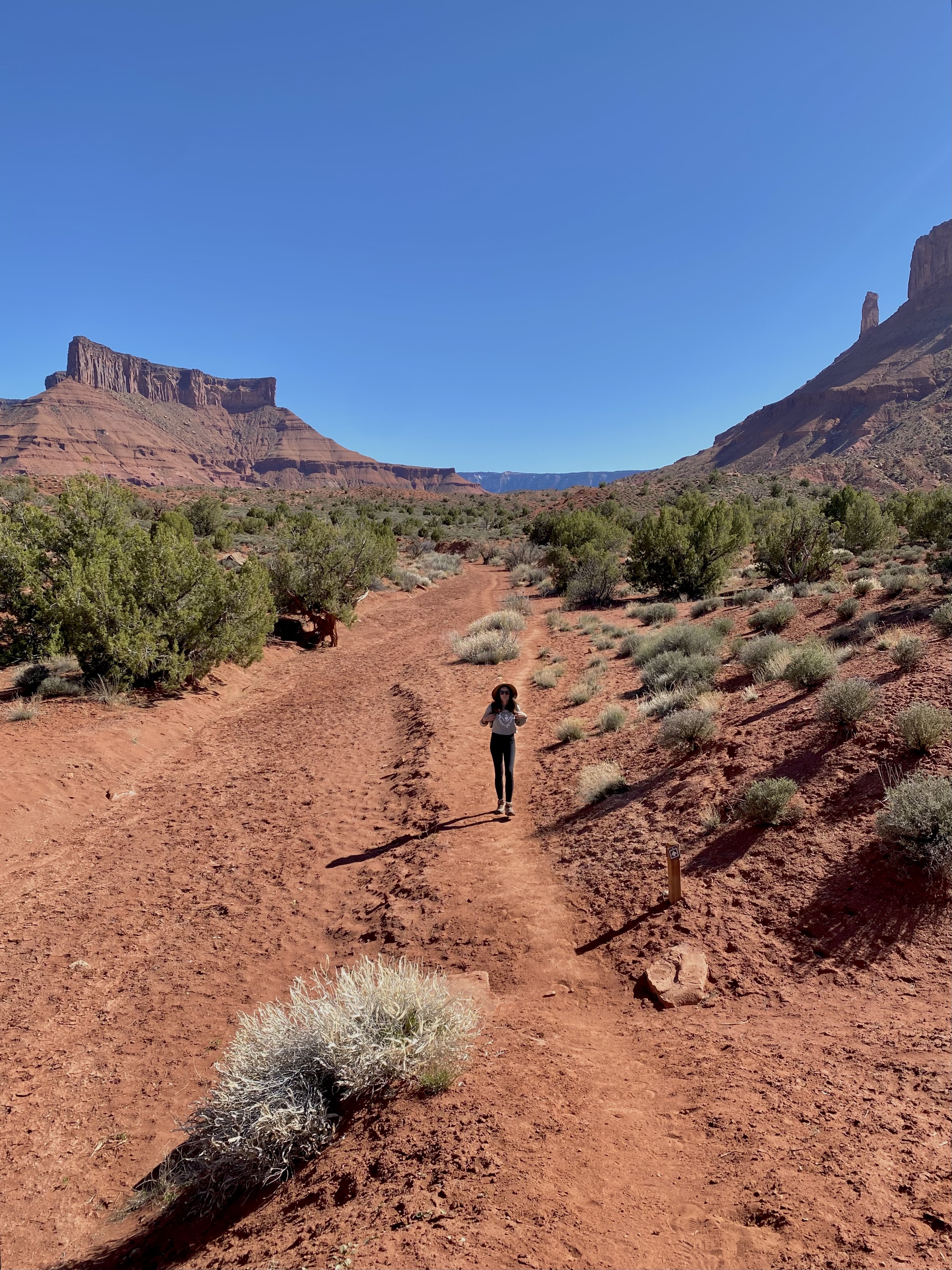 Caroline, in a green sweater and black pants, walks along a trail through red dirt. Flat topped mountains with bright blue sky form the backdrop. 