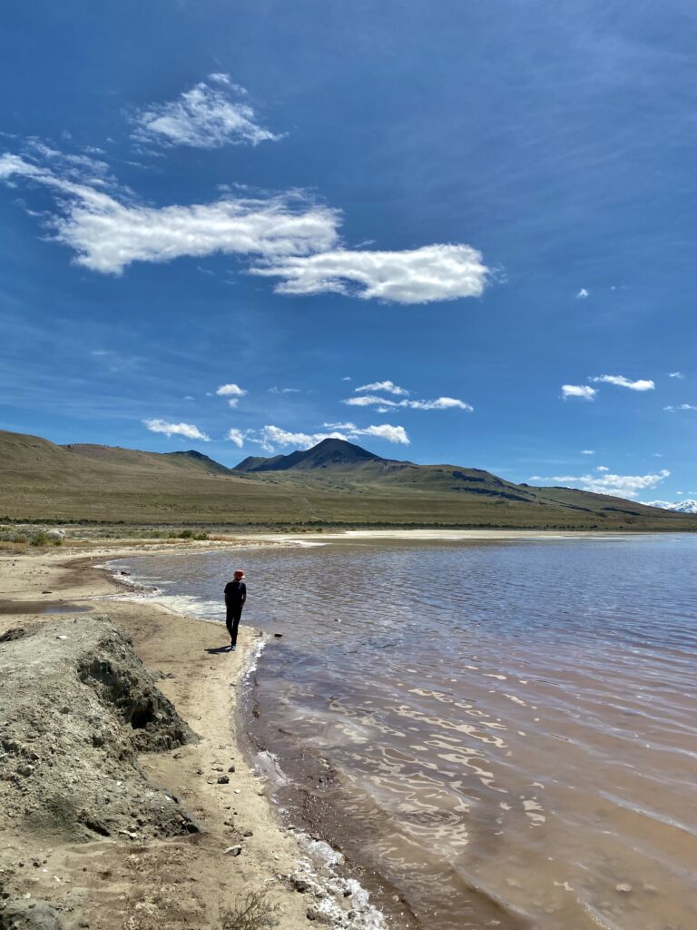 jonathan walking on the shoreline of a pink tinted water lake with distant green mountains and bright blue sky.