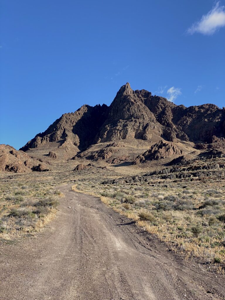 Bright blue sky with brown volcanic looking mountains and road with grassland beside it. 