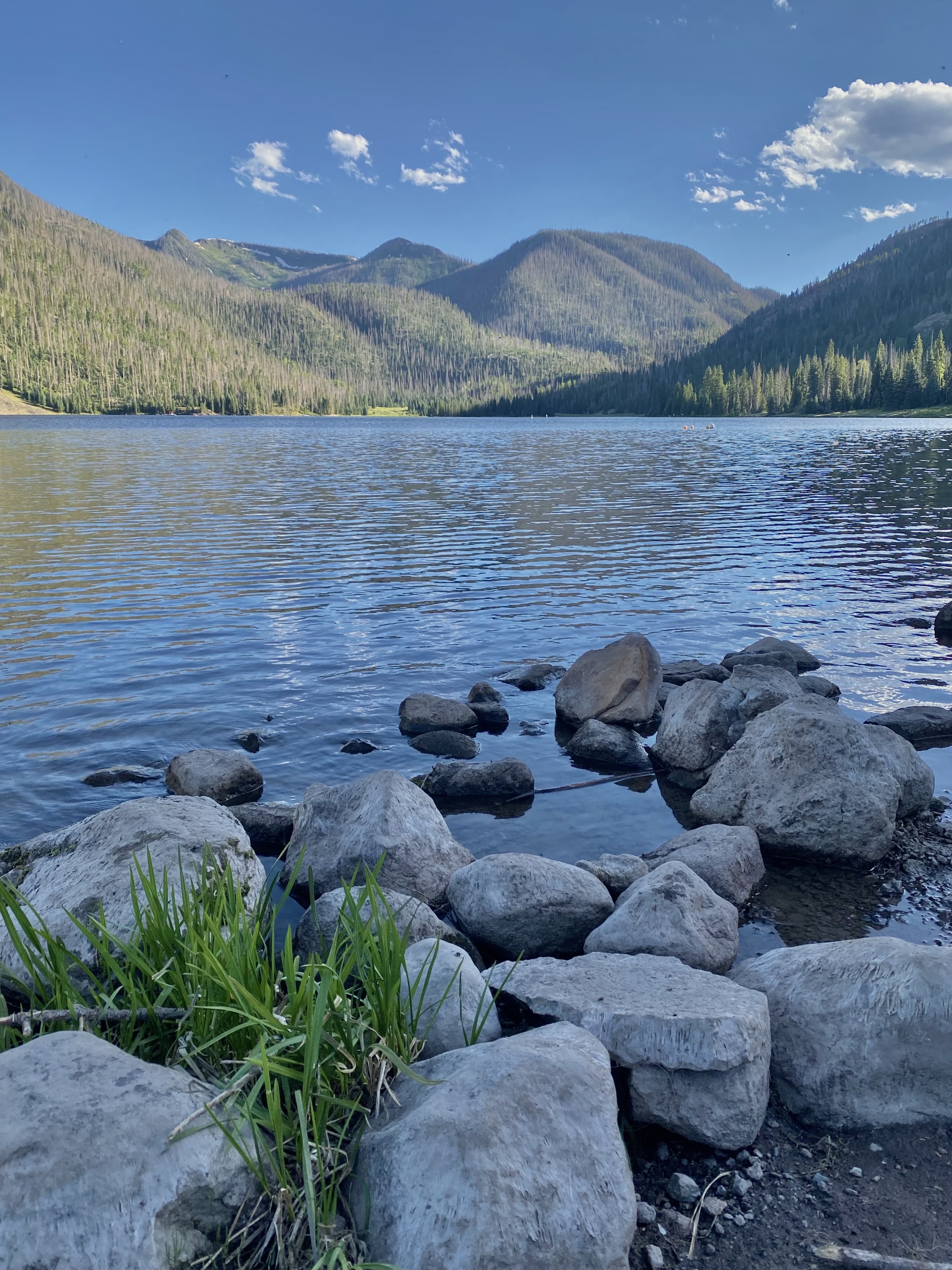 reflection of calm water with mountain background